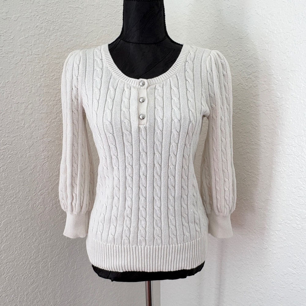 Lauren Ralph Lauren Henley Sweater Cable Knit Puff Sleeve Womens SP White